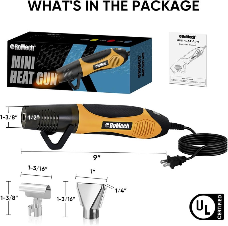 ROMECH 350W Heat Gun with 2 Nozzles, Dual Temp Heat Gun 400°F-660°F, Fast Heat Hot Air Gun with Overload Protection for DIY Craft Embossing Shrink Wrapping (Orange) - Image 4